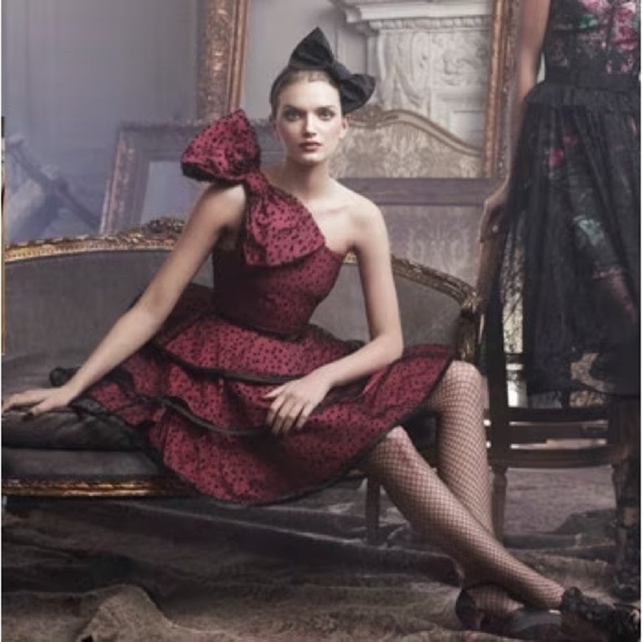 Pearl Georgina Chapman black & pink polkadot ruffle one shoulder Cocktail Dress - Picture 3 of 8